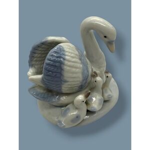 Vintage Ceramic Swan with Cygnets Figurine White and Blue Porcelain